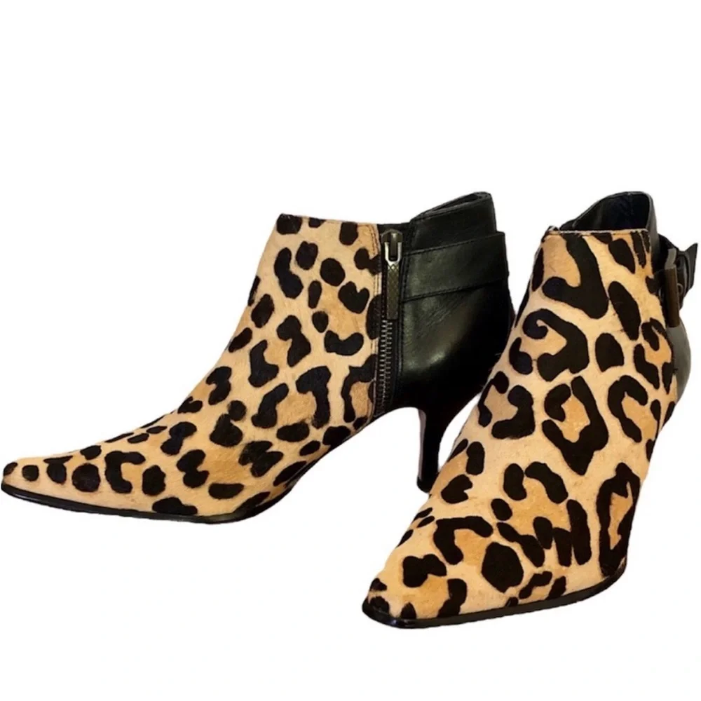 DONALD J. PLINER LURE Calf Hair Animal Print Kitten Heel Buckle Booties Size 8